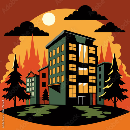 Modern City Buildings with Dramatic Sunset Sky Vector Illustration