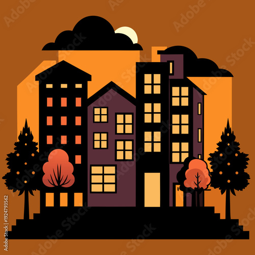  Residential Apartment Buildings at Sunset Flat Vector Illustration