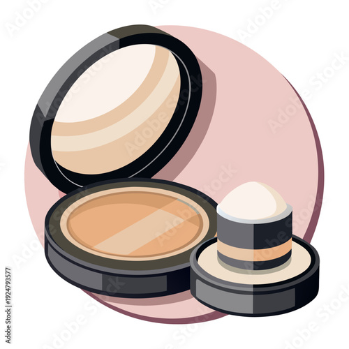Makeup Compact with Powder and Sponge Vector Illustration