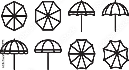 Various types of umbrellas and parasols displayed in a row Vector