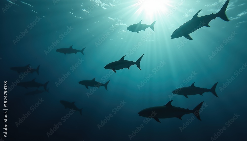 Obraz premium School of Pixelated Sharks Silhouetted Against Bright Sunlit Ocean Surface Underwater Scene Dramatic Rays of Light
