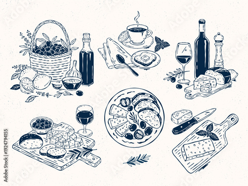 Hand-drawn vector scenes of Mediterranean food: antipasto platters, cheese with wine, baskets of olives and olive oil, tea with toast and butter. Perfect for menu, cafe, or culinary design