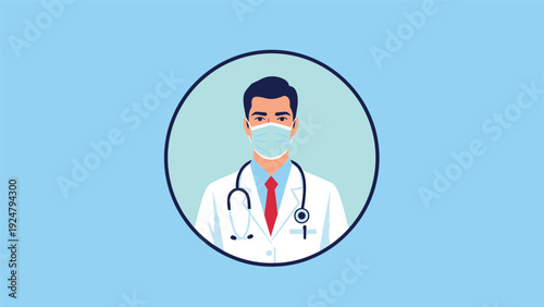 Male doctor in a white coat wearing a medical mask and a stethoscope for healthcare and safety awareness concepts.