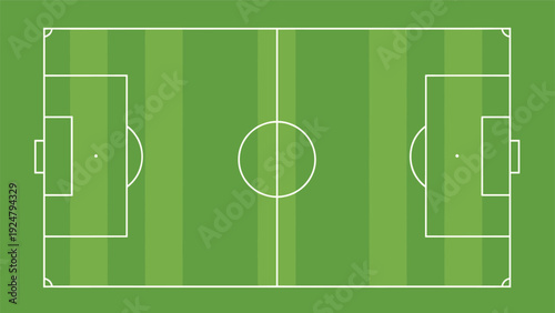 Top down view of a professional green soccer field with standard markings for sports and stadium background themes.