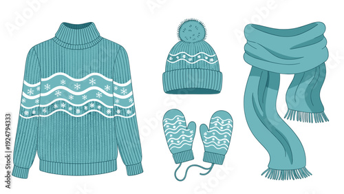 Cozy blue winter apparel set including a turtleneck sweater matching knit hat mittens and a long stylish scarf.