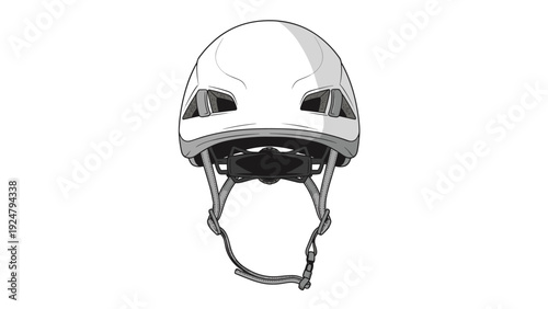 White professional climbing and mountaineering helmet for head protection during outdoor sports and work activities.
