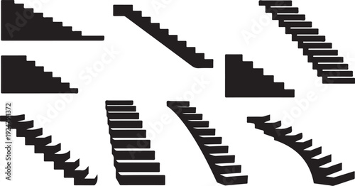 Various black staircase designs on white background illustration