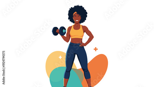 Fit African American woman in sportswear exercising with a heavy dumbbell against a colorful abstract background.