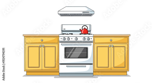 Home kitchen interior with stove cabinets and cooking area