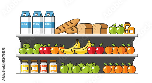 Supermarket grocery shelf with fruits vegetables and food products
