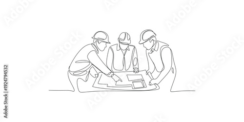 Three construction workers in hard hats reviewing blueprints together in a collaborative meeting