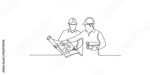 Continuous line art illustration showing two construction engineers reviewing blueprints for a project.