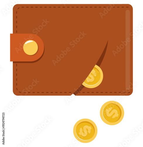 Torn leather wallet from which gold coins fall out. Losing money. Breach in finances. Economy crisis and inflation. Currency lost. Investment failure. Financial scam. Vector concept