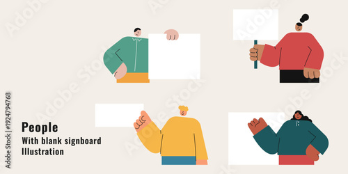 People with blank sign board set holding empty placards and banners. Flat design vector illustration collection for protest, demonstration, message and announcement concepts.