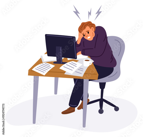 Tired young man sits at desk with papers scattered around. Showing signs of emotional exhaustion and burnout at work. Overworked employee. Anxiety worker. Deadline pressure. Vector concept