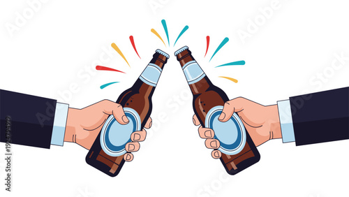 Close up of two people in suits clinking beer bottles in a celebratory toast with colorful rays for success and victory.