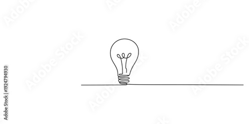 A minimalist continuous line drawing of a light bulb emerging from a single horizontal line on a white background