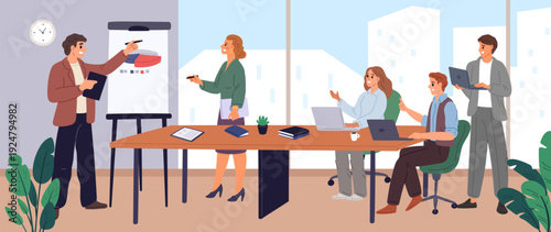 Team of male and female businesspeople discuss about business project. Strategy for company development. Employees debate at conference. Teamwork and brainstorming. Vector concept