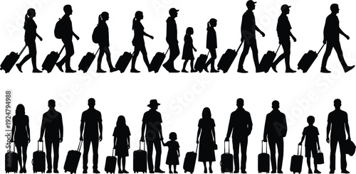 Travelers silhouettes set family with luggage walking airport vector illustration isolated on white background travel concept collection