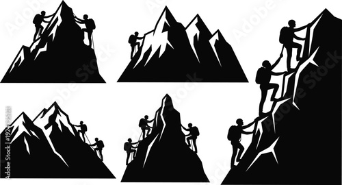 Mountain climbers silhouette set hiking team reaching summit peak adventure vector illustration isolated on white background success concept