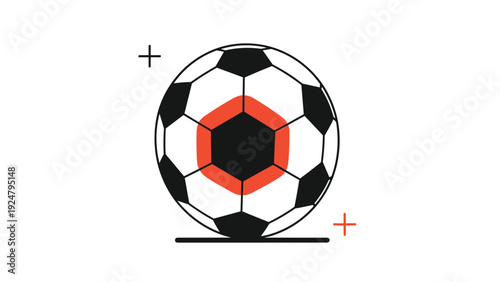 Classic black and white soccer ball with an orange hexagon detail resting on a simple stand for sports design.