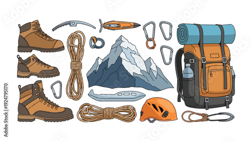 Mountain climbing equipment collection including a stylized snowy peak boots ropes backpack and professional safety gear.
