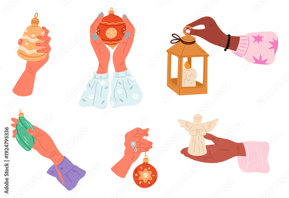 Naklejka premium Hands hold festive Christmas tree decorations. Merry Xmas fragrant candles and lanterns. New year garlands. Toys on human arm palms. Happy celebration. Winter holiday decor vector set