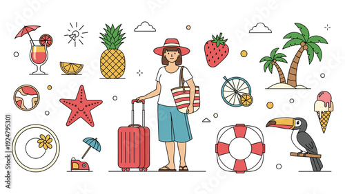 Female traveler with a red suitcase surrounded by summer vacation icons like a beach cocktail starfish and fruit.