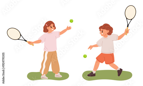 Happy little boy and girl are playing tennis with big rackets. Sport competition. Young athletes throwing balls. Children training together at court. Badminton exercise. Vector concept
