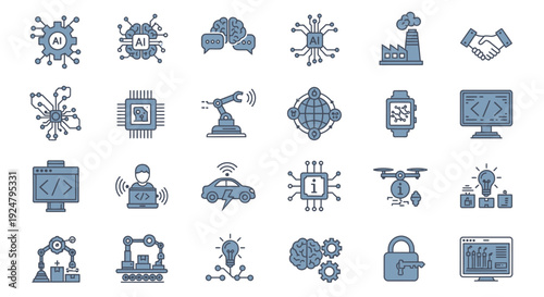 Collection of blue line icons representing artificial intelligence and technology