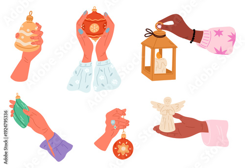 Hands hold festive Christmas tree decorations. Merry Xmas fragrant candles and lanterns. New year garlands. Toys on human arm palms. Happy celebration. Winter holiday decor vector set