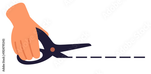 Hand with scissors and dotted line for cut. Snip place. Bulletin ticket cutline. Dashed separation. Cutout guide. Tailor dividing textile. Arm holding clippers. Sewing tool. Vector concept