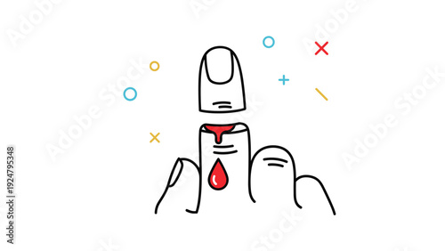 Stylized illustration of a cut finger with red blood dripping down in a modern vector icon style with colorful abstract shapes.