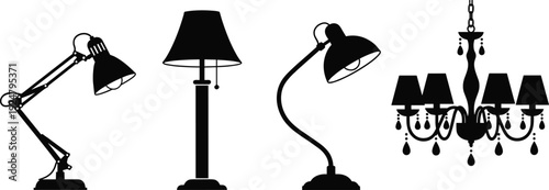Lamp silhouettes set desk lamp floor lamp chandelier lighting fixtures vector illustration isolated on white background collection