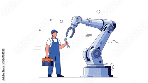Professional technician or mechanic holding a wrench while standing next to a large blue industrial robotic arm in a modern factory.