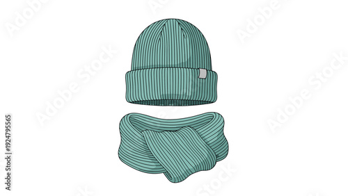 Set of cozy winter accessories featuring a teal knitted beanie hat and a matching thick scarf for cold weather fashion and comfort.