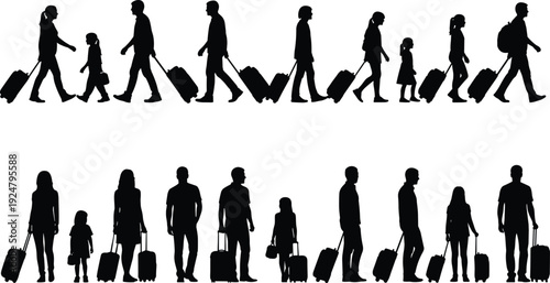 Travelers silhouette collection family with rolling luggage walking airport vector illustration isolated on white background tourism concept