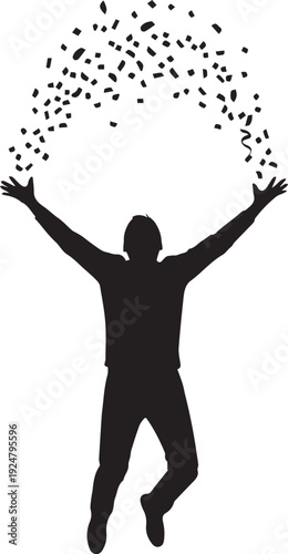 Cheering man silhouette vector illustration. confetti falling over happy person line art