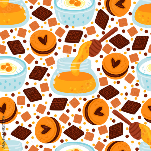 Glass jar with honey. Food cooking seamless pattern. Chocolate chips. Flour and egg in bowl. Sweet cookie recipe. Culinary preparation. Baking ingredients for cake. Vector background
