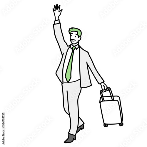 スーツ姿でキャリーケースを引きながら笑顔で片手を高く挙げる男性のイラスト｜出張先や旅行先でタクシーを呼んだり待ち合わせたりするビジネスマンのベクター素材