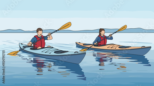 Man and woman enjoying an outdoor adventure while kayaking together on calm blue water with a scenic landscape in the distance.