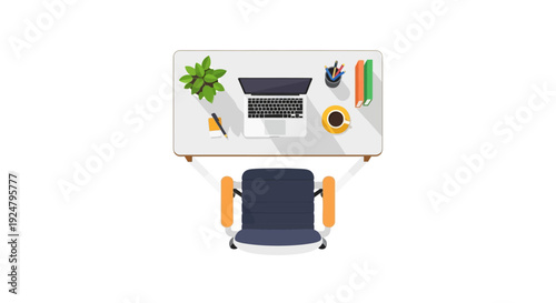 Home office workspace top view desk with computer and stationery