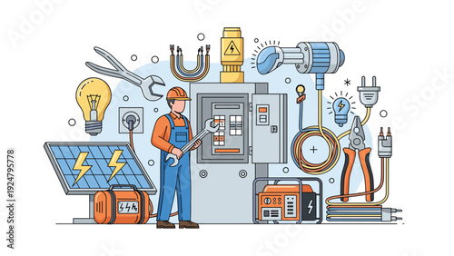 Professional electrician in a hard hat and overalls working on a circuit breaker box surrounded by various tools and energy icons.