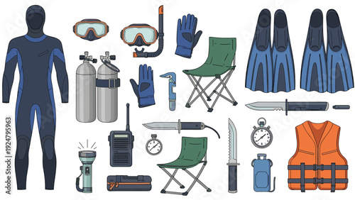 Extensive collection of professional scuba diving survival and outdoor equipment including wetsuits tanks chairs knives and gear.