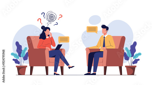 Couple sitting in armchairs and having a deep conversation where the woman has a cloud of confused thoughts and questions above her.