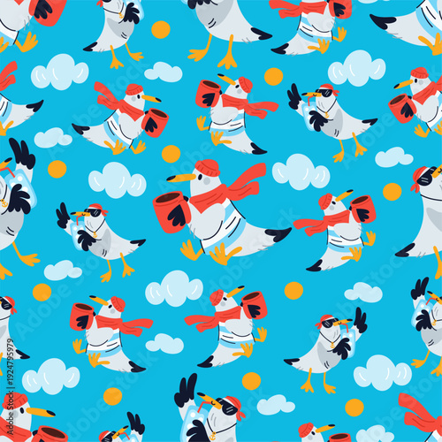 Funny cartoon seagulls wearing hats and sunglasses. Marine gulls seamless pattern. Cups and glasses with drinks. Sailor costume. Repeated print. Happy seabird character. Vector background