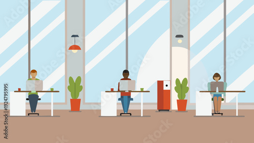 Diverse team members working calmly at desks in a modern office space with plants and large windows