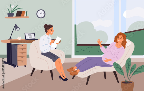 Female psychologist provides assistance to pregnant woman. Psychotherapy counseling. Psychological help and support. Patient mental health. Psychoanalysis consultation. Vector concept