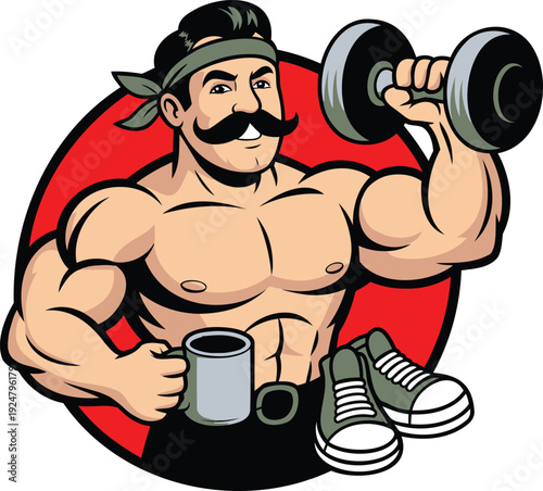 Cartoon strongman lifting a dumbbell with a coffee mug nearby