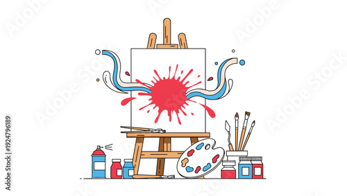 Artistic scene featuring a wooden easel with a red paint splatter on a white canvas surrounded by various paints brushes and tools.